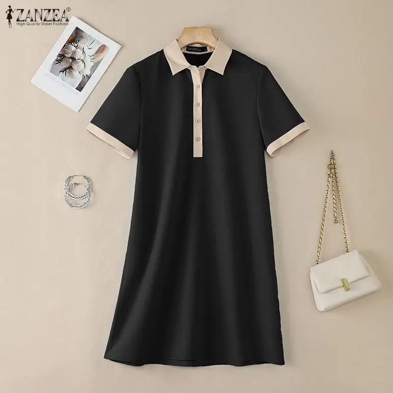 2026 Sommerkleid ZANZEA Damen Patchwork-Sonnenkleid Elegantes Kurzarm-Kleid mit Reverskragen Arbeitskleider Lässiges Urlaubskleid Knielang