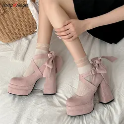 Luxury Suede bow Designer High Heels Women Platform Mary Jane Shoes Cross Strap Thick Heel Shoes Ladies College Style Dress Pump