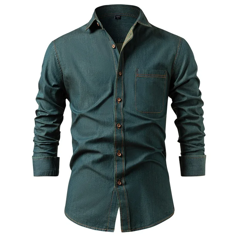 American Style Denim Shirts Men's Pure Cotton Non Iron Solid Color Long Sleeve Casual Jacket with Breast Pocket Autumn Clothing