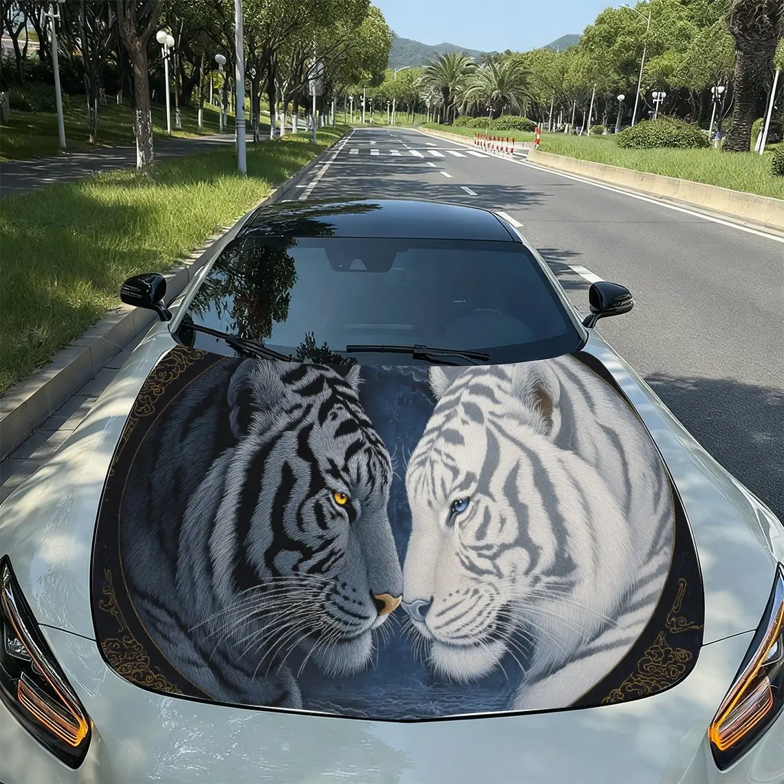 

Black White Twin Tigers Art PVC Car Hood Wraps, Self-Adhesive Waterproof Car Bonnet Decal Sticker, Car Decoration Protection Sti