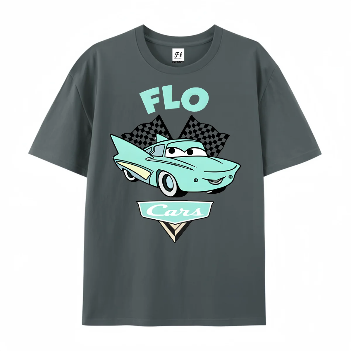 Flo Cars Graphic T‑Shirt Retro Teal Race Car Checkered Flag Cartoon Auto Racing Fan Print Short Sleeve Top Unisex Casual Tees