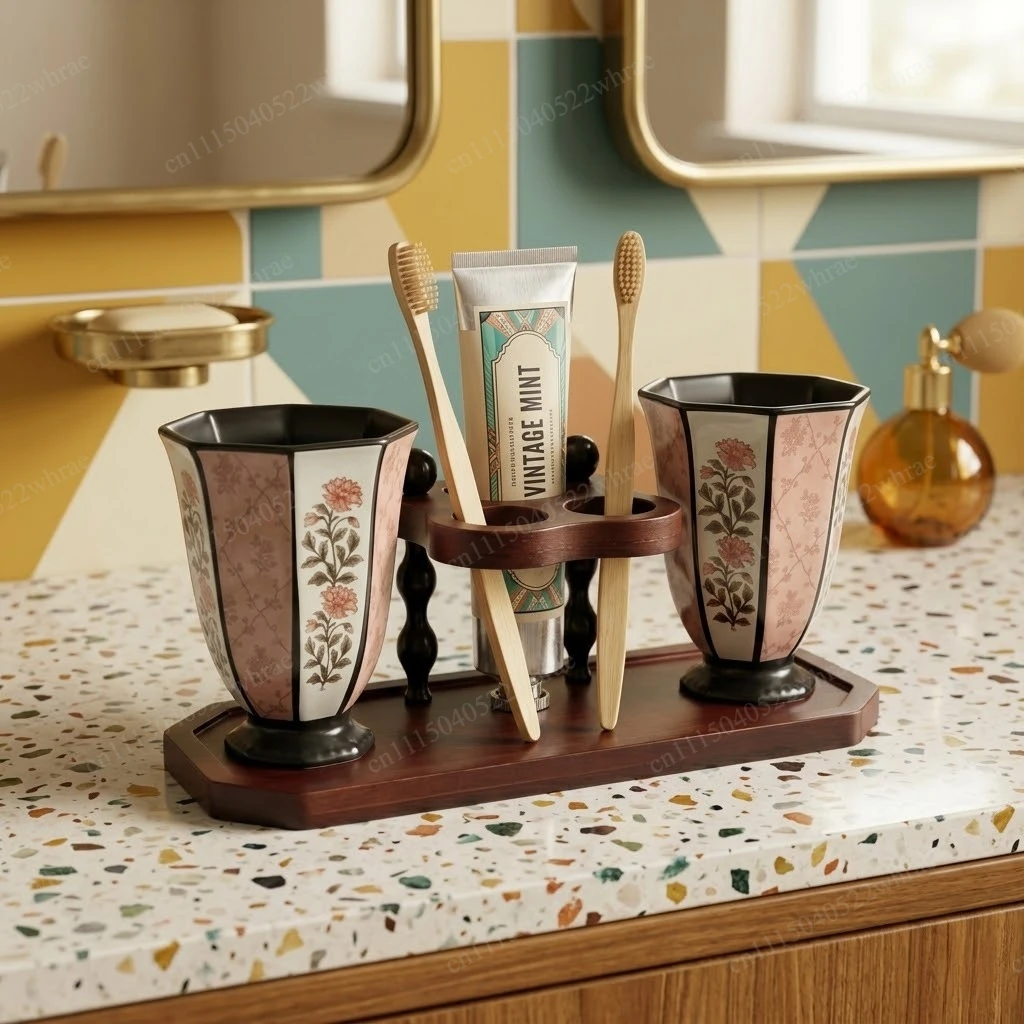 Ceramic Peony Star Anise Washing Cup Bamboo Wood Tray Toothbrush Holder Mouthwash Cup Retro Toothpaste Storage Holder