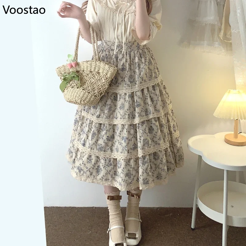 Elegant Vintage Princess Long Skirt Women Harajuku Floral Garden Print Cotton Lace Party Skirts Female Casual Cake Midi Skirt