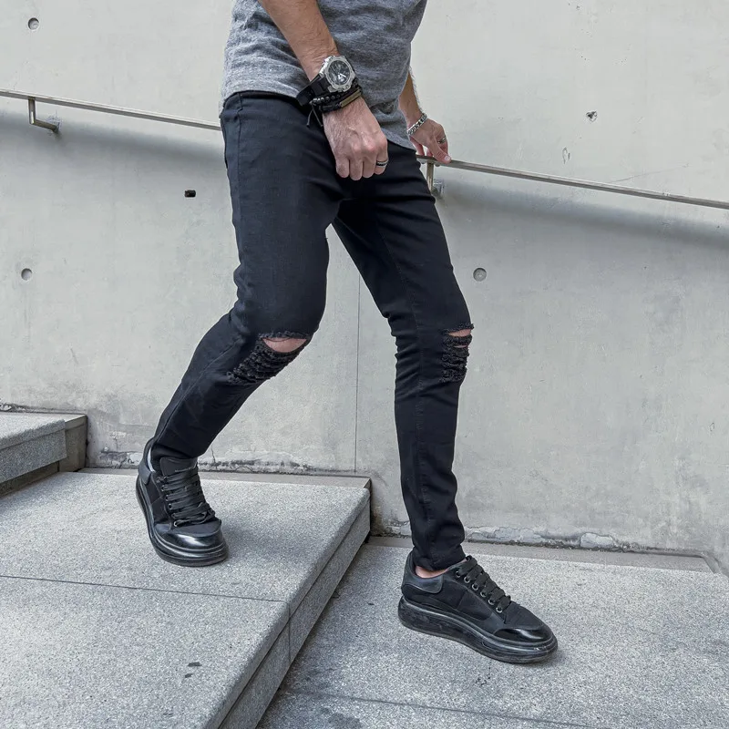 New Men Hip hop Style Ripped Skinny Jeans Men Stylish Slim Holes Pencil Denim Pants