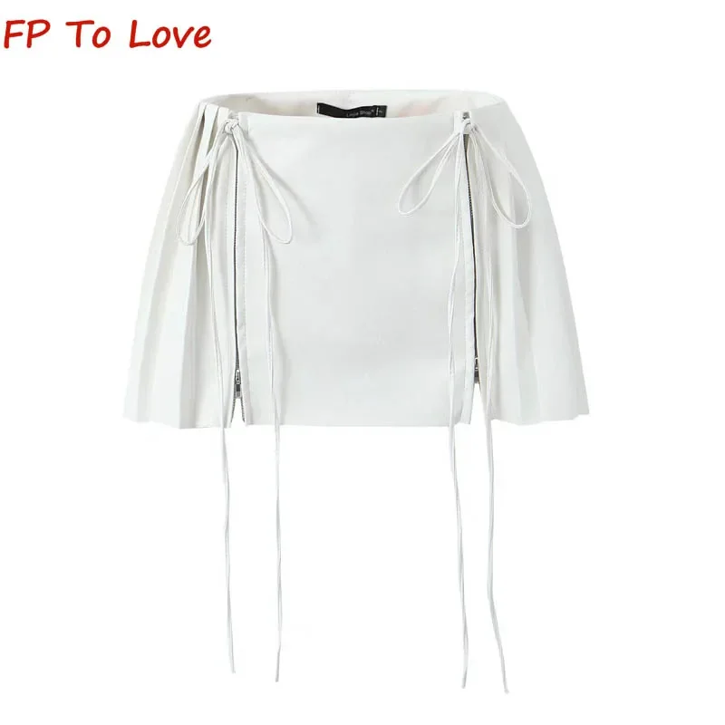 

Y2K Black Design High Waist Double Drawstring PU Skirt Women Spice Girls Anti-Walking White Peplum A-Line Coffee Mini Skirt