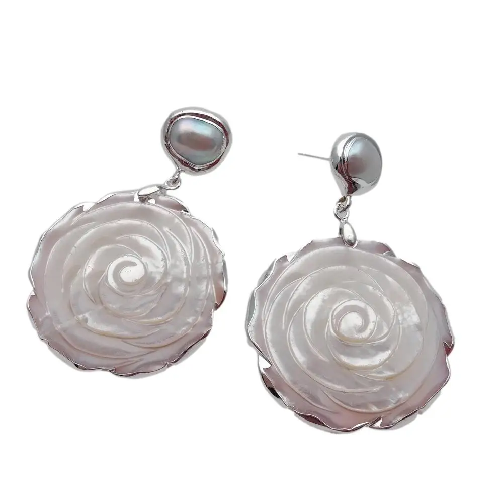 KKGEM 39mm Natural white Shell Mop Carved Flower  14mm White Freshwater Pearl Dangle Stud Earrings
