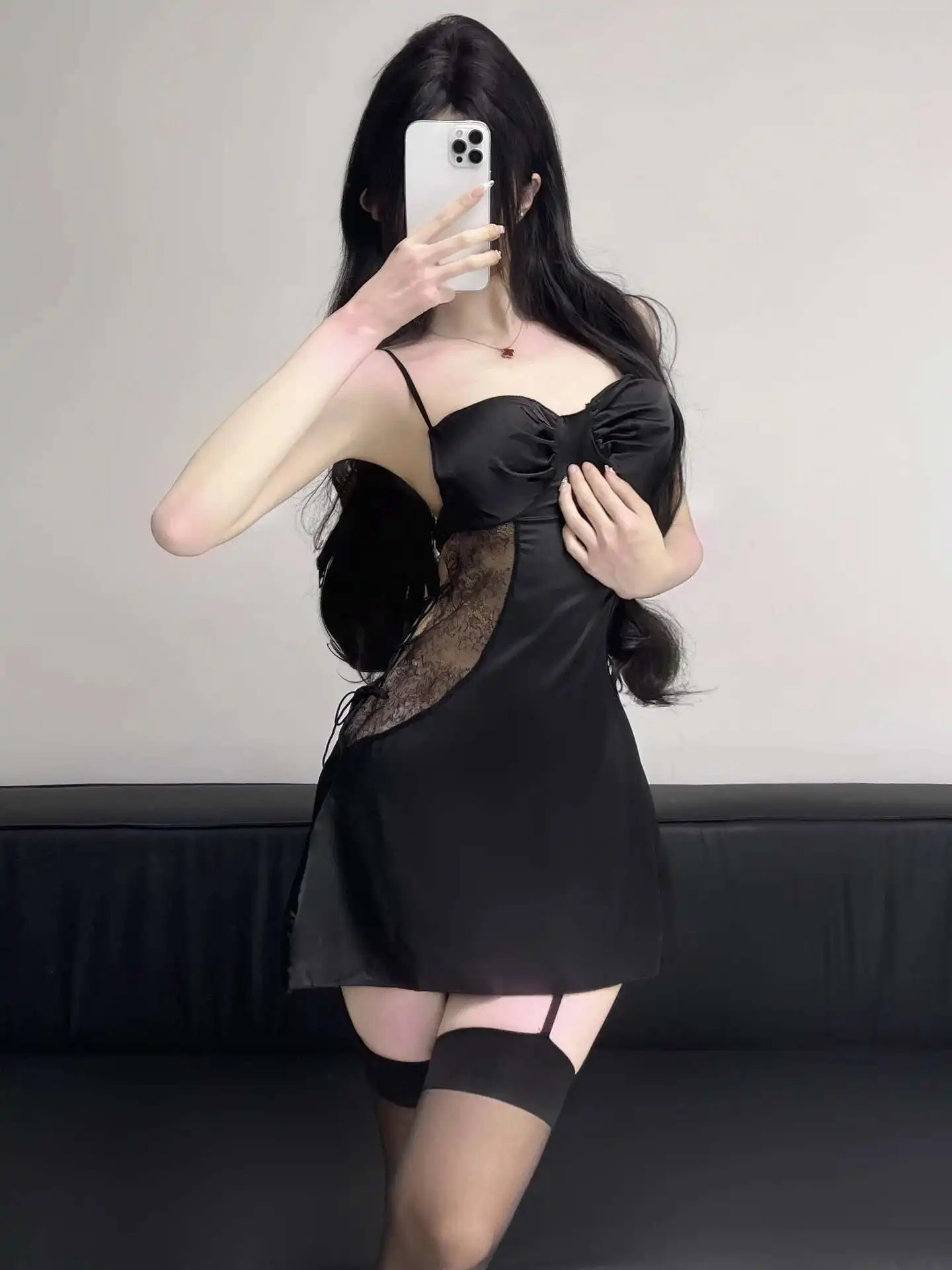 ใหม่เซ็กซี่ 2025 สแควร์คอBackless Lace Splicing Sheerชุดสลิงผู้หญิงCinchingเอวSlim A-Lineชุดลําลองสั้นW8W1