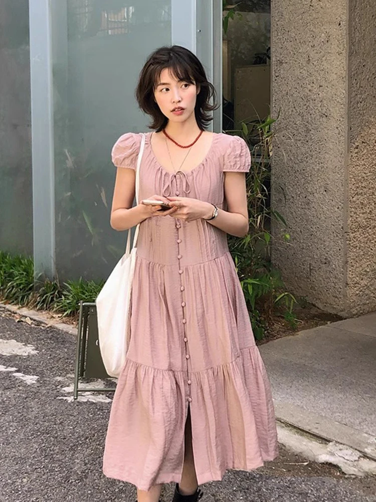 Falda Larga de Verano para Mujer, Estilo Dulce y E, con Pliegues, Manga Abullonada, Color Puro, Estilo Coreano, Cintur...