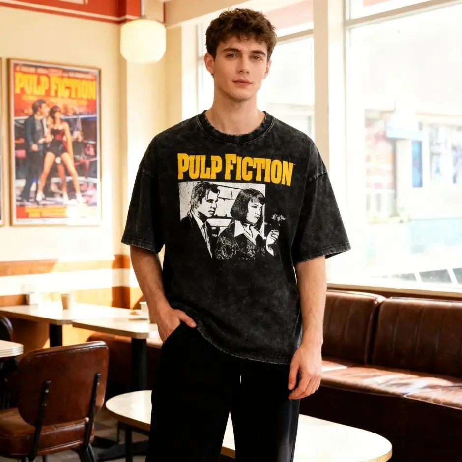 

New Classic Movie Graphic Tee Men's Washed T-shirt Male Retro trend Film themed Casual Comfortable Streetwear T shirt Top