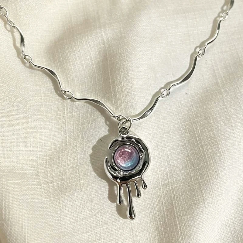 Colorful Moonlight Stone Water Drop Moon Pendant Choker Necklace For Women Vintage Harajuku Y2K Aesthetic Jewelry Accessories