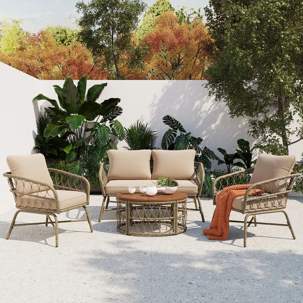 

Bohemia-inspired 4-Person Outdoor Seating Group with Removable Cushions, Conversation Patio Set with Wood Tabletop