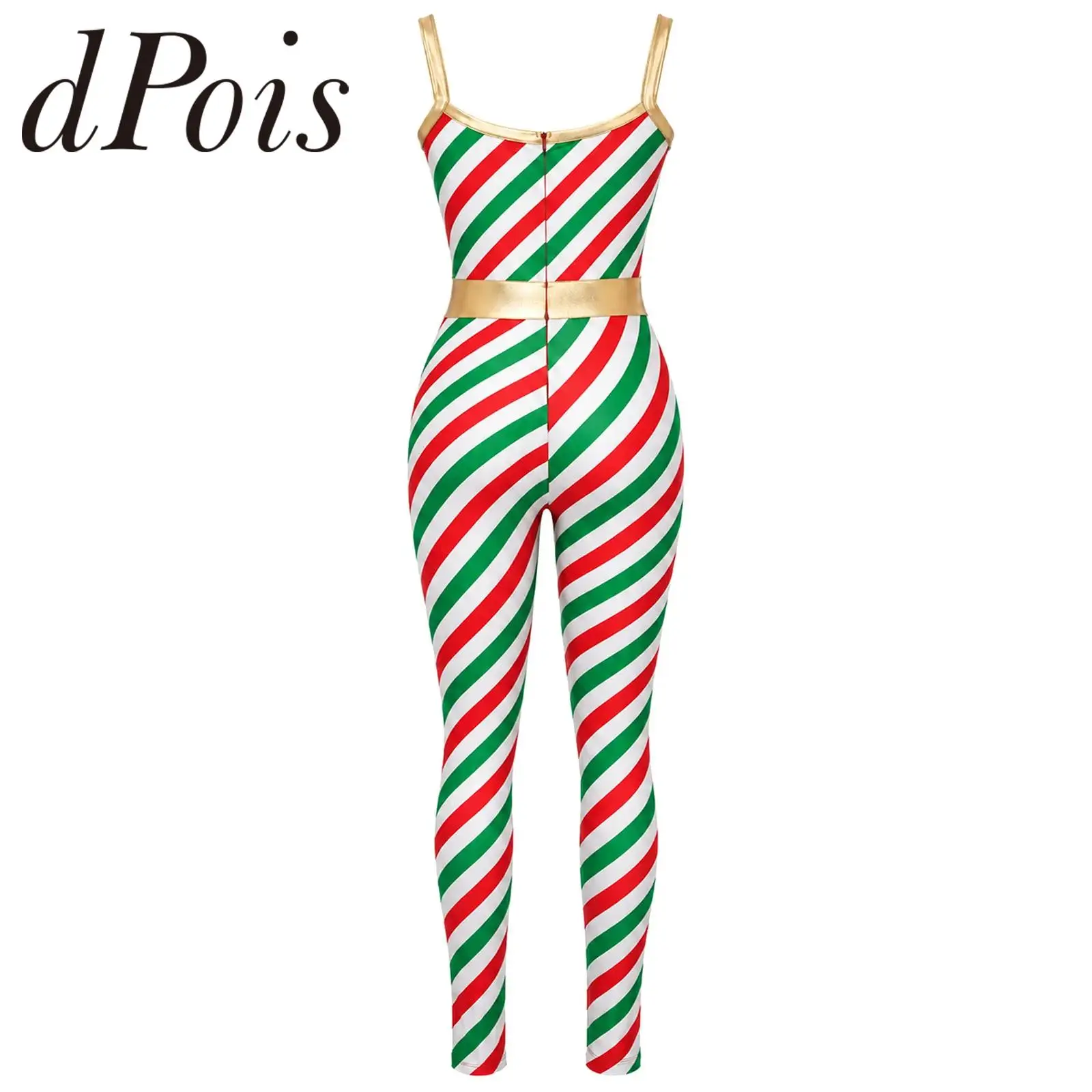 Women's Ballet Dance Jumpsuit Femme Candy Cane Striped Leotards Xmas New Year Costume Bodysuit for Christmas Rave Party Outfit