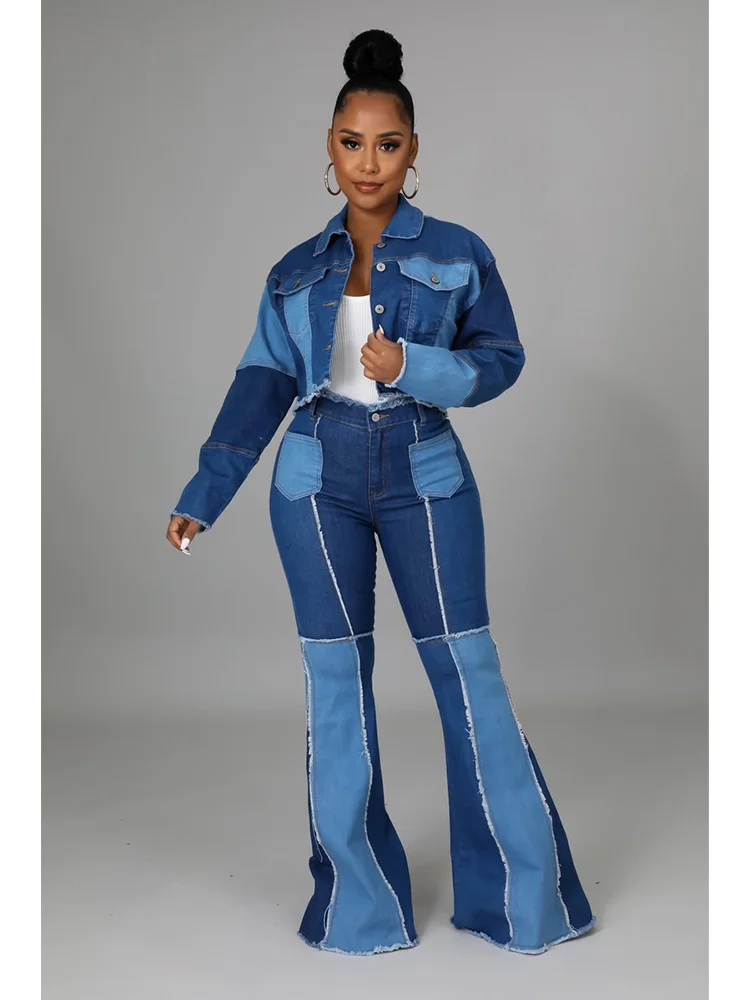 Women Fashion Denim Two Piece Pant Set Splice Vintage Streetwear Y2K Short Denim Jacket and Jeans Casual Slim Outfit 2 Piece Set