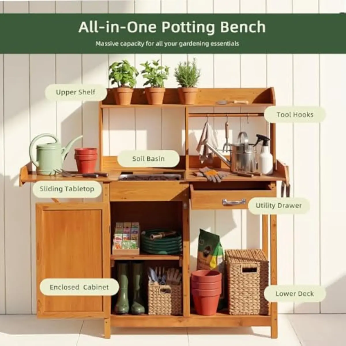 Pine Wood Potting Bench with Sliding Tabletop and Removable Sink, Outdoor Garden Workstation with Storage Shelves for Patio Lawn Yard