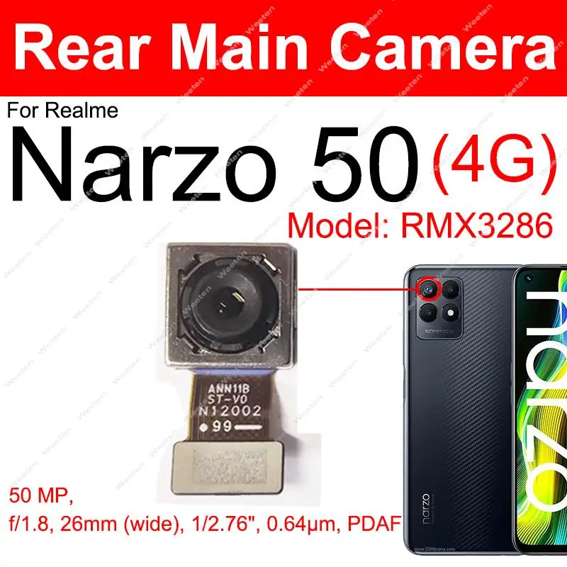 Front Back Primary Camera For Realme Narzo 50 4G Front Selfie Rear Main Camera Module Flex Cable Replacement Parts