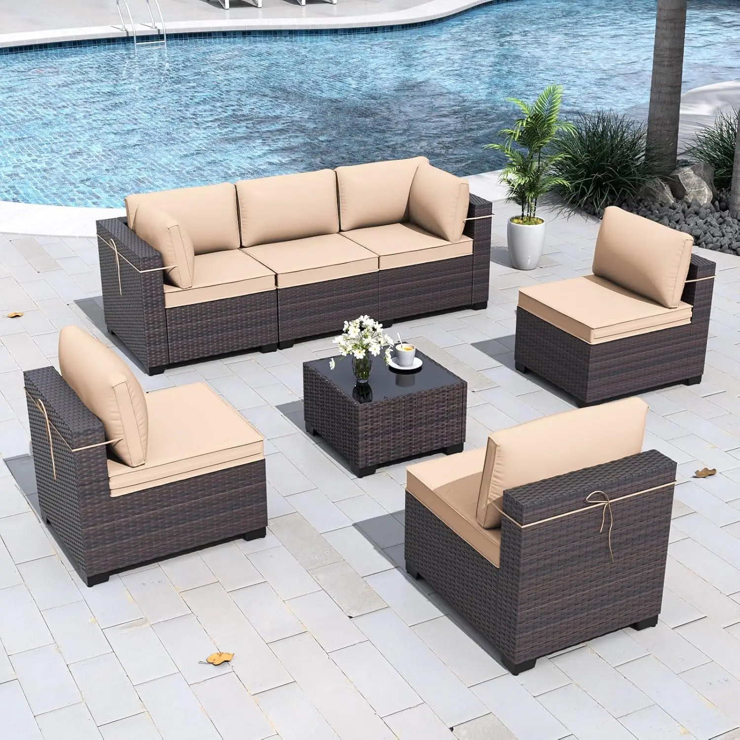 

7 Pieces Patio Furniture Set with 4’’ Thick Cushions, All-Weather PE Rattan Patio Set with 29.5'' High Backrest, Outdoor Furnitu