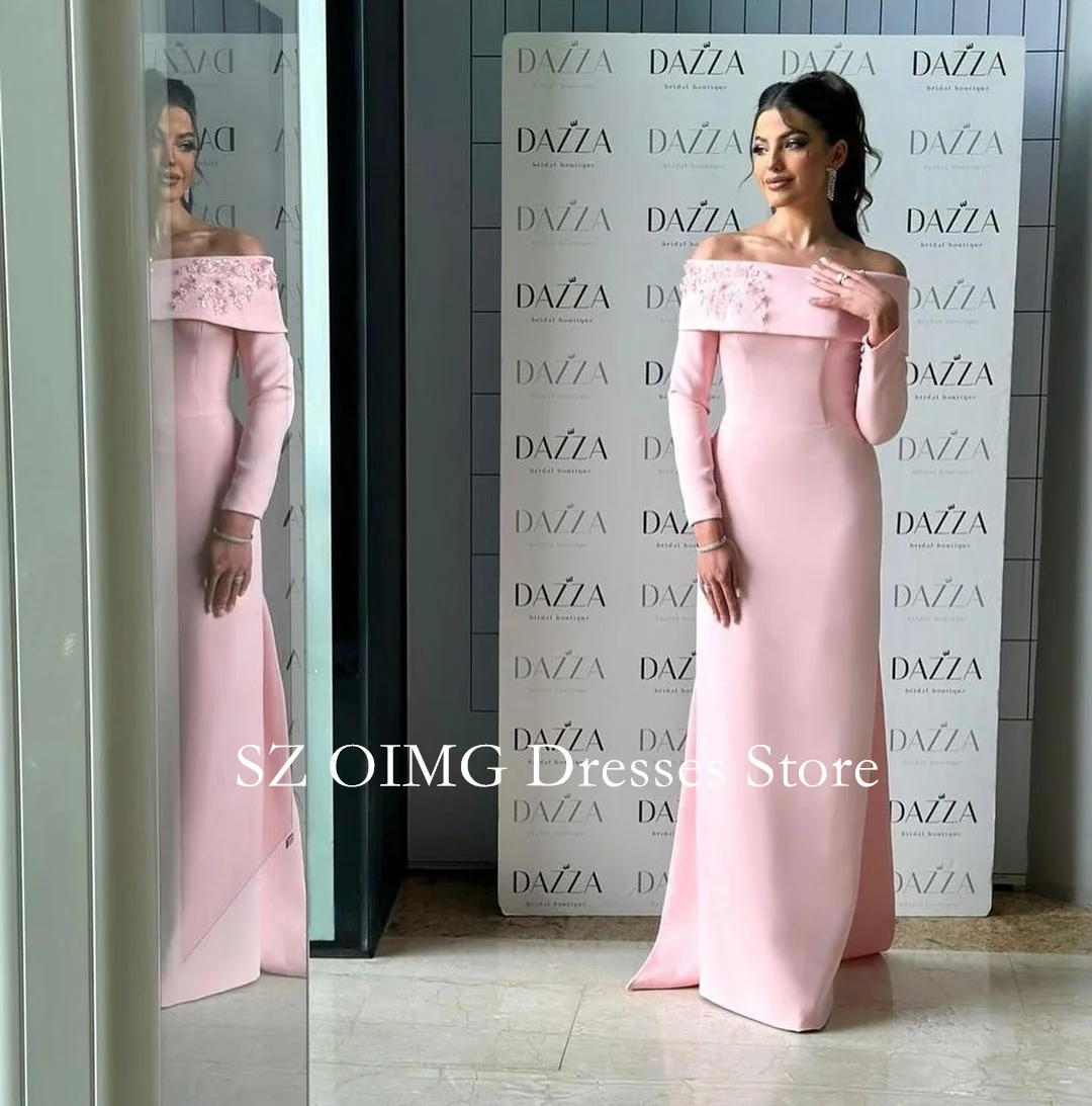 OIMG Saudi Arabia Crepe Satin Prom Dresses Off-Shoulder Dress Long Sleeves  Dress Formal Women Wedding Party Gowns Customized