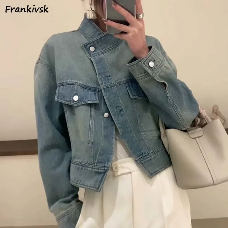 Cropped Denim Jackets Women Vintage Hipster Japanese Style Stylish Office Lady Slouchy Loose Streetwear Daily All-match Outwear