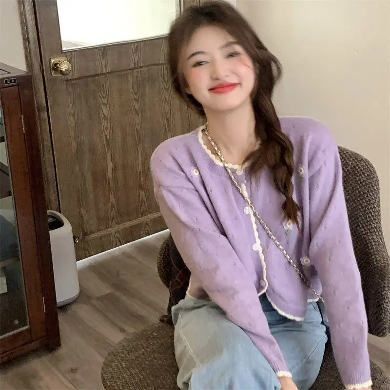 2025 جديد الحلو ثلاثي الأبعاد هوك زهرة الجوف سترة سترة سترة المرأة الربيع فضفاضة قصيرة محبوك الأرز #3