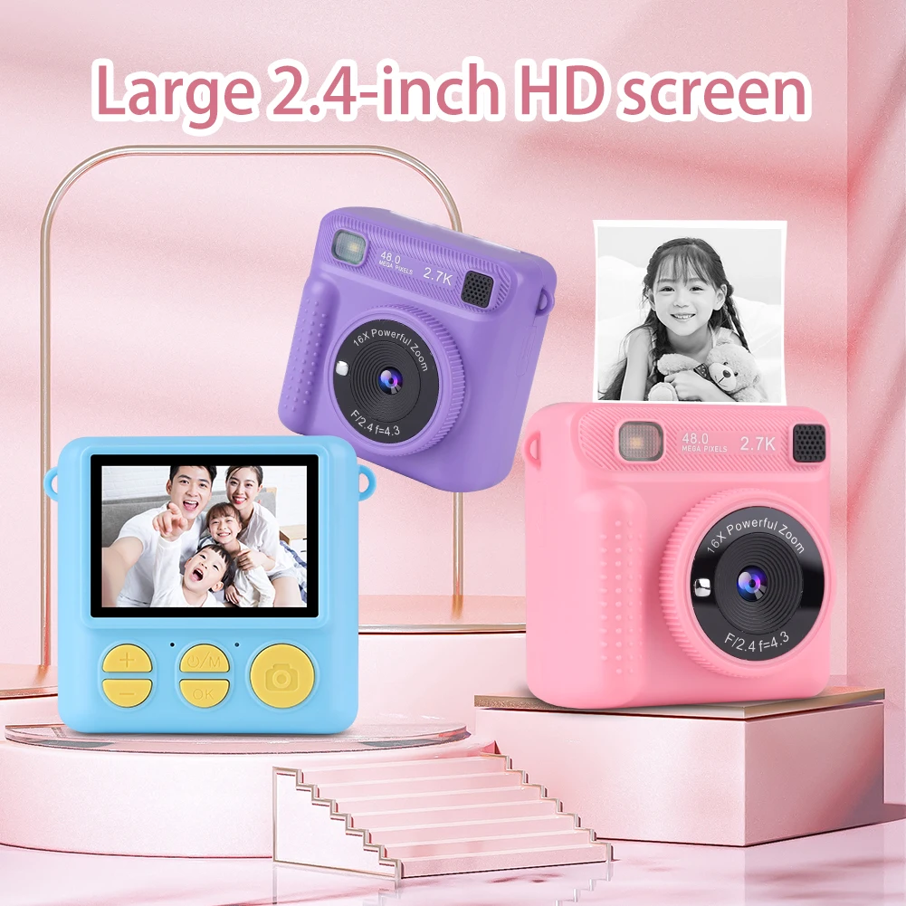 Câmera para crianças de impressão instantânea, câmera digital 24MP HD 1080P com 3 rolos de papel de impressora Câmera de impressão fotográfica instantânea de 2,4", sem cartão