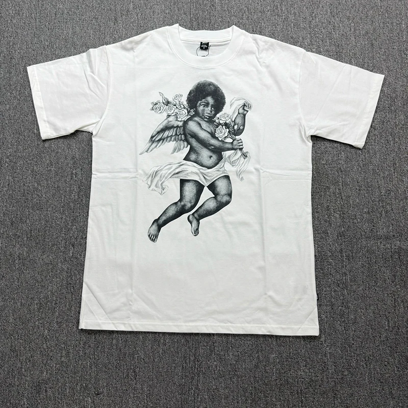 PATTA Men Casual White Short Sleeve Tee Angel Rose Art Print Crew Neck Shirt