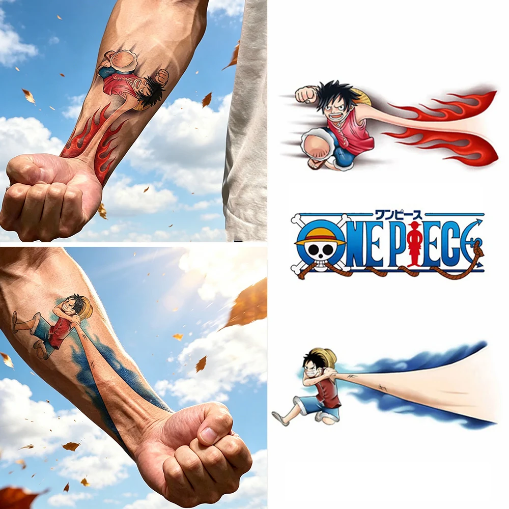 Pegatinas de marca de agua de One Piece, parches de tatuaje de anime de Luffy a color, grafiti genial para el brazo, impermeables, resistentes al sudor y de larga duración