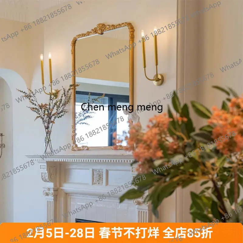M183 French retro fireplace mirror solid wood carving flower wall hanging decoration vanity mirror bathroom mirror