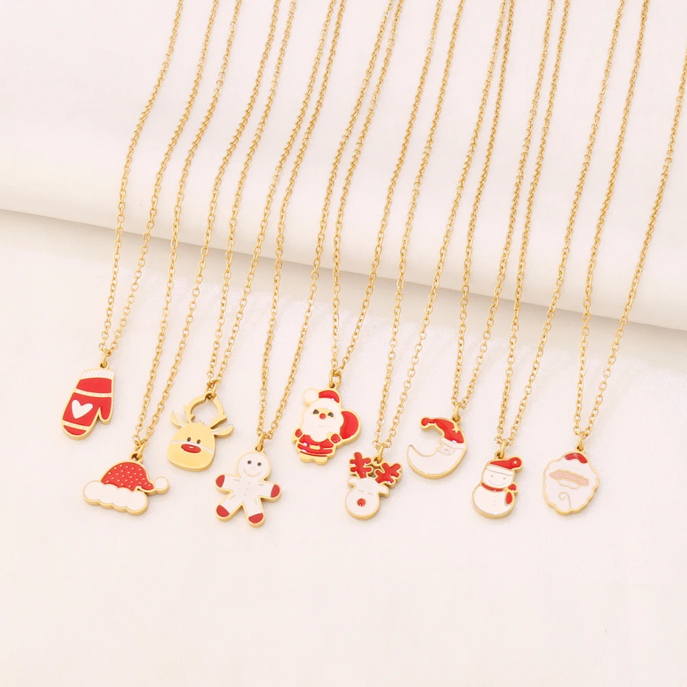 Stainless Steel Christmas Pendant Necklace for Women Santa Claus Snowman Snowflake Socks Bell Charms Chain Necklaces Jewelry