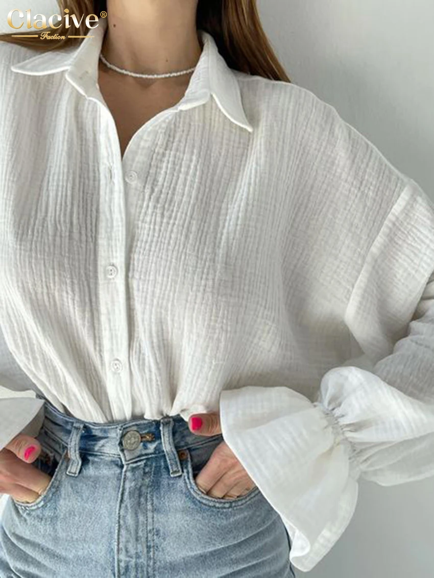 Clacive Fashion White Office Woman Blouses 2022 Autumn Lapel Long Sleeve 100%Cotton Shirts Lady Elegant Chic Top Female Clothes