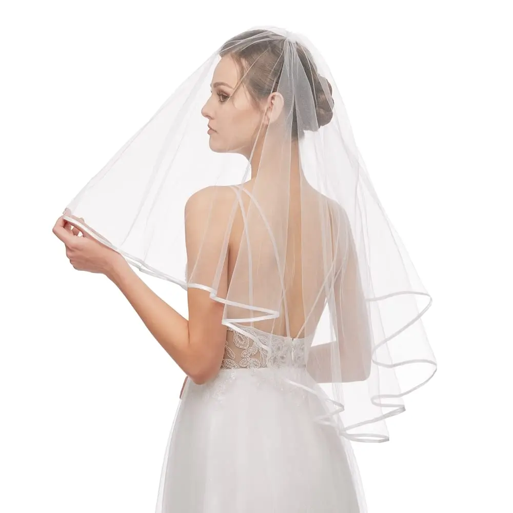 Bridal Veil Women's Simple Tulle Short Wedding Veil Ribbon Edge with Comb for Wedding 2023