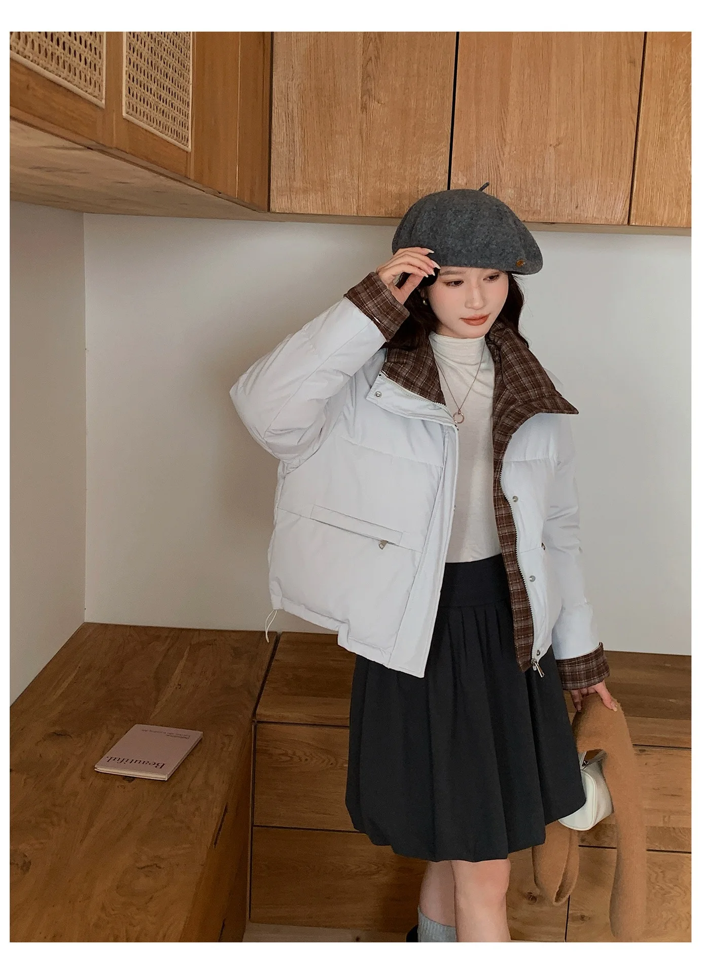 American Plaid Patchwork Puffer Jacket Women Winter Thick Stand Collar Short Parkas Woman Korean Casual Preppy Style Outerwear