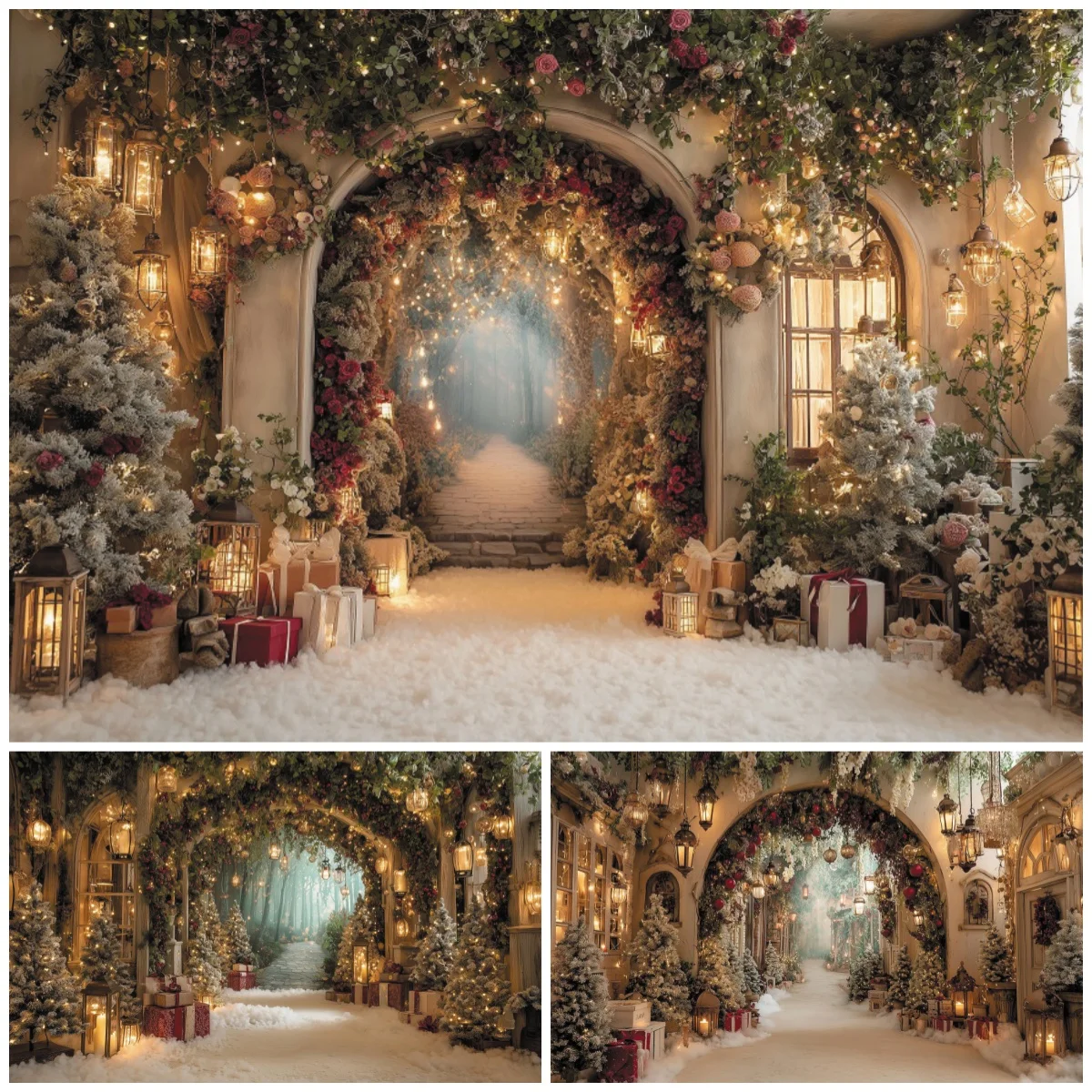 Weihnachten Märchen Hintergrund für Foto-shooting Floral Bogen Laterne Dekor Familie Kinder Porträt Foto Studio Hintergrund Dekorationen