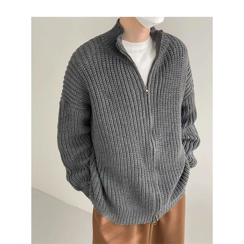 Men Stand Collar Full Zip Knit Cardigan Long Sleeve Ribbed Loose Casual Sweater Jacket