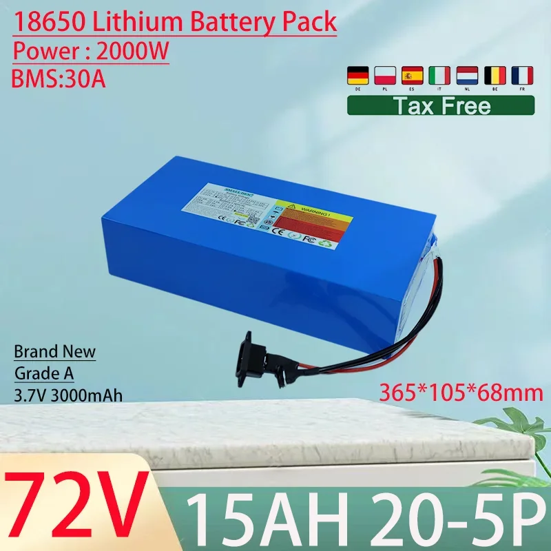 72V 15Ah 18650 20S5P Lithium Ion Battery Pack 2000W Power Tool Batteries Outdoor Backup Batteries With 30A BMS+84V 3A charger