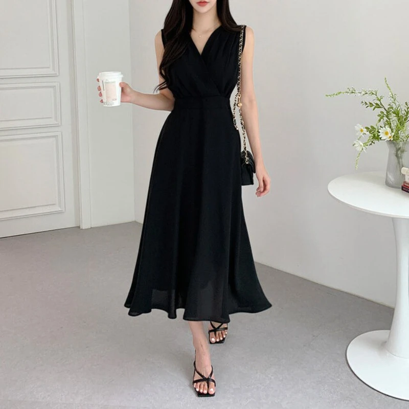 فساتين نسائية صيفية أنيقة من REALEFT متقاطعة من الأمام على شكل حرف v وشاحات على شكل حرف a جديدة 2025 بدون أكمام فستان فضفاض غير رسمي للسيدات #5