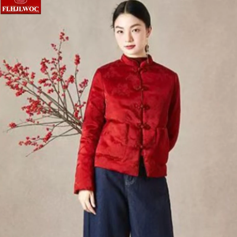 Cappotti capispalla eleganti rossi di Capodanno Caldo inverno Stile cinese Office Lady Colletto alla coreana Piumino da donna Parka vintage retrò