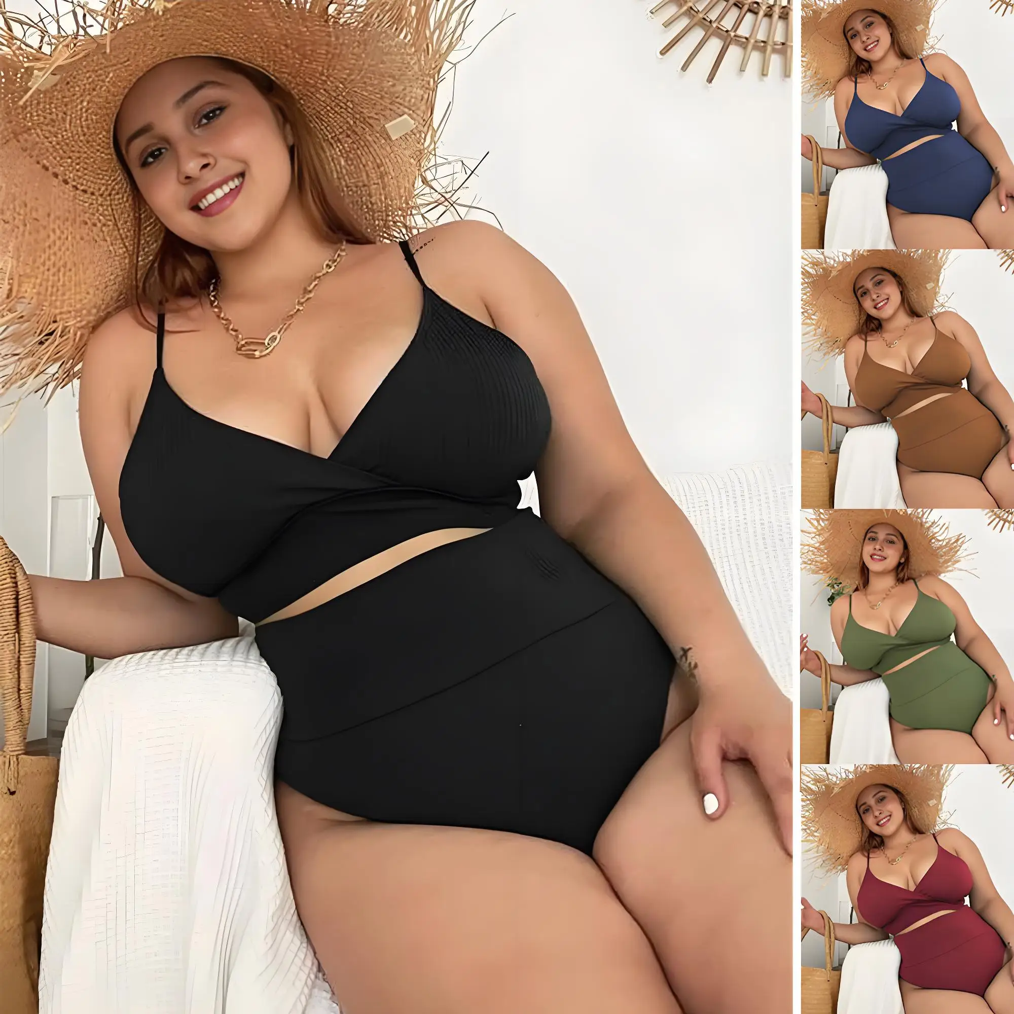 

Plus Size Women's High Waist Bikini Set Tummy Control Swimwear High Cut Bottom Full Coverage Push Up Beach Vacation Ready