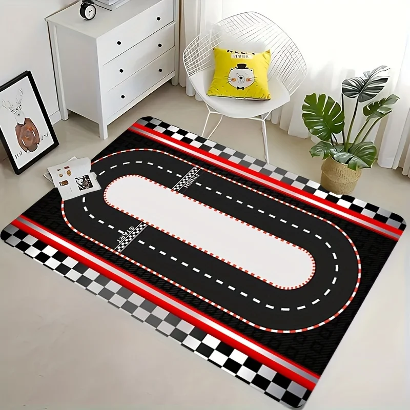 1pc 2D Flat Race Track Checkered Flag Start Finish Flannel Area Rug Non Slip Car Racing Carpet For Kids Room Playroom Floor