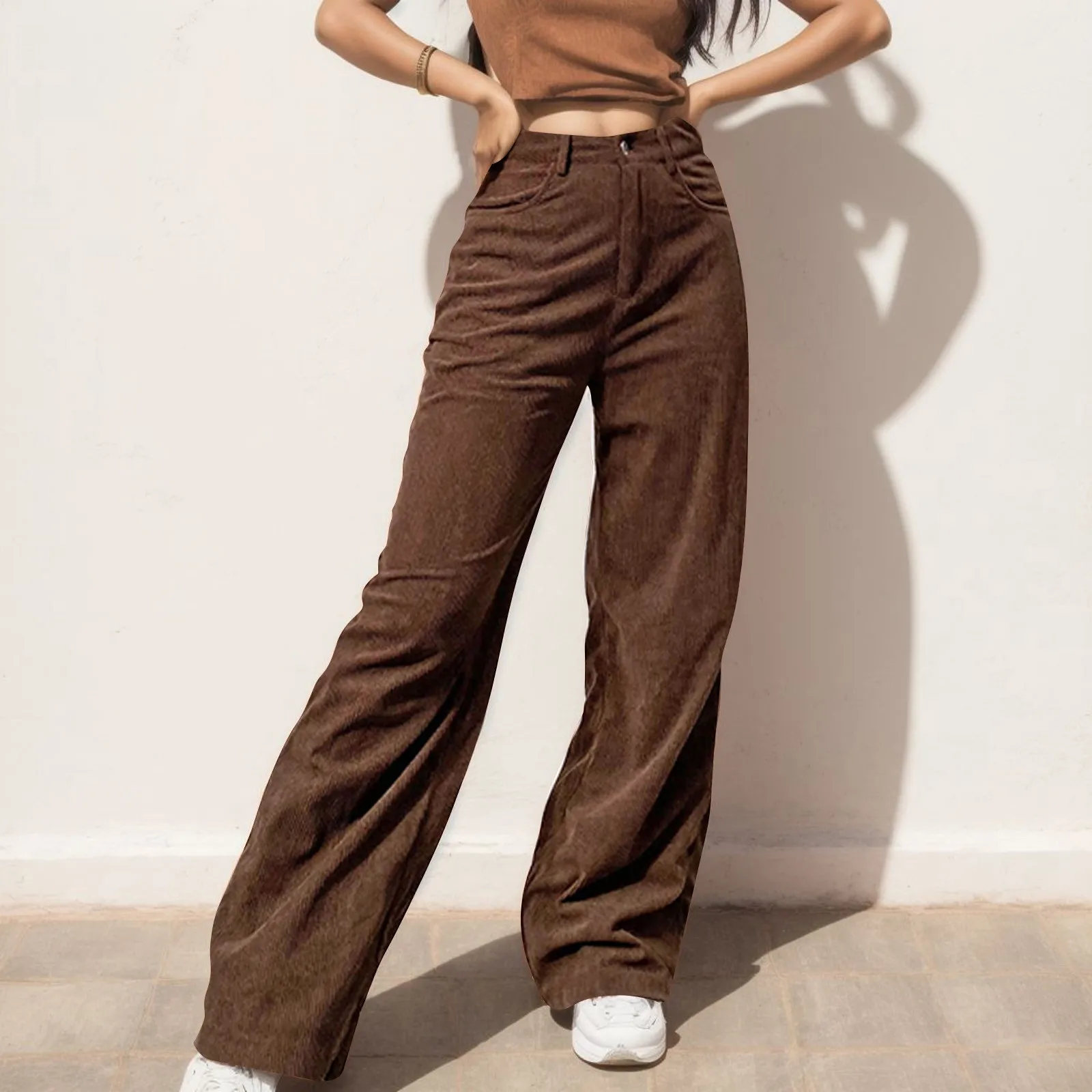 Women Brown Corduroy Jeans High Waist Loose Straight Wide Casual Pants Females Y2K Casual Streetwear Vintage Baggy Trousers