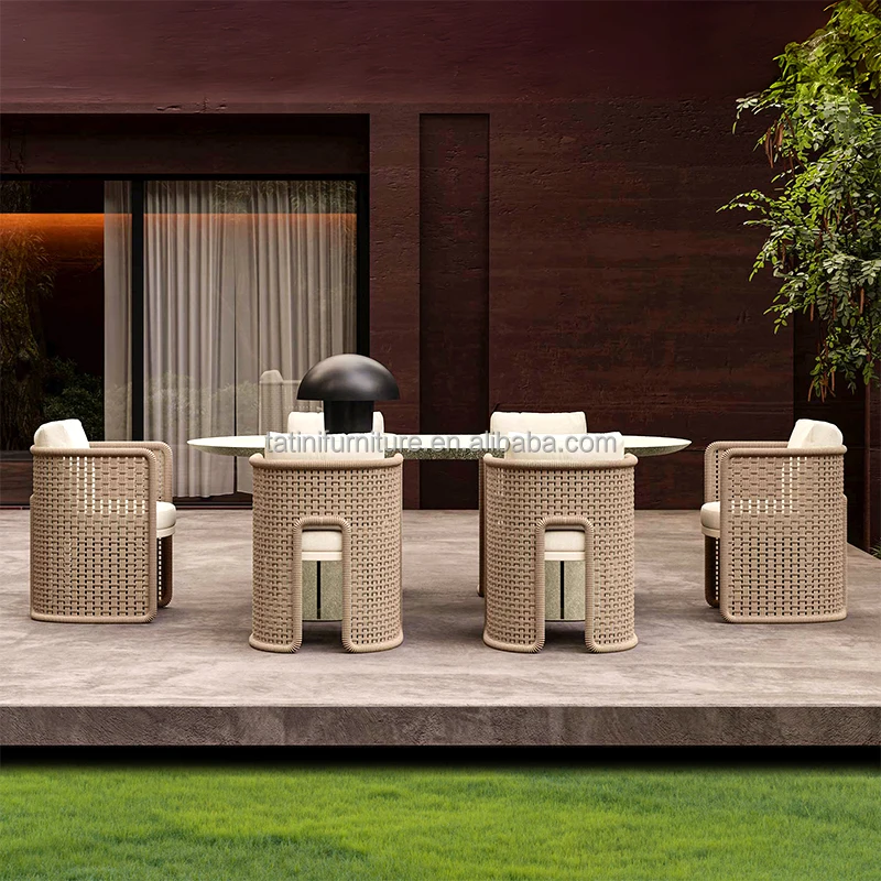 #Outdoor Tables And Chairs Set Courtyard Patio Garden Resorts All-weather Waterproof And Sunscreen Rope Weaving Leisure Furnitur