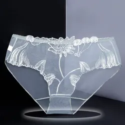 Bragas de encaje Sexy para mujer, ropa interior sin costuras ultrafina, malla hueca, bordado de flores, cintura baja, transparente