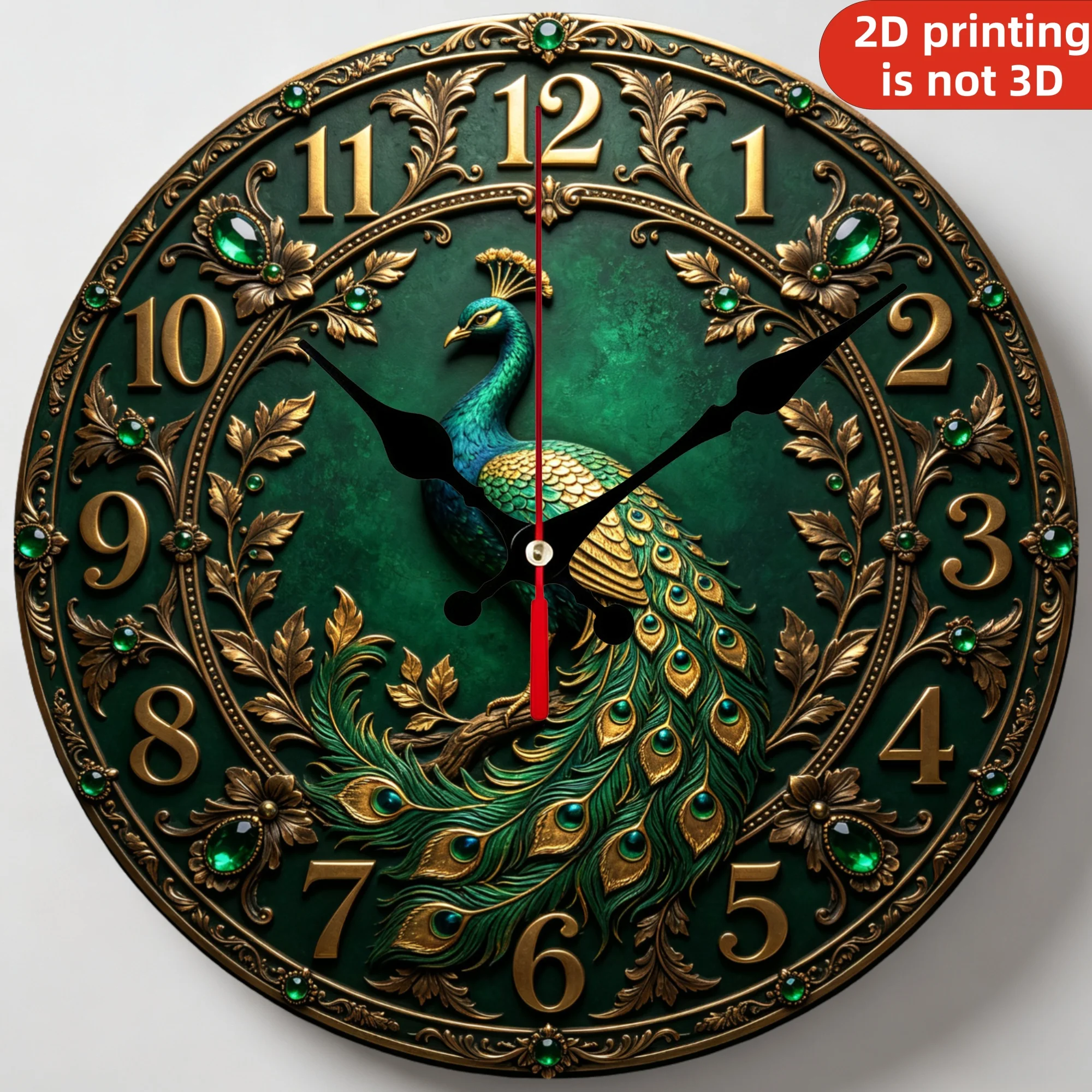 Emerald Green Peacock Wooden Wall Clock, 10/12 Inch Round Wood Clock, Silent Non Ticking Quartz Movement, Regal Vintage Jewel Printed Home Decor