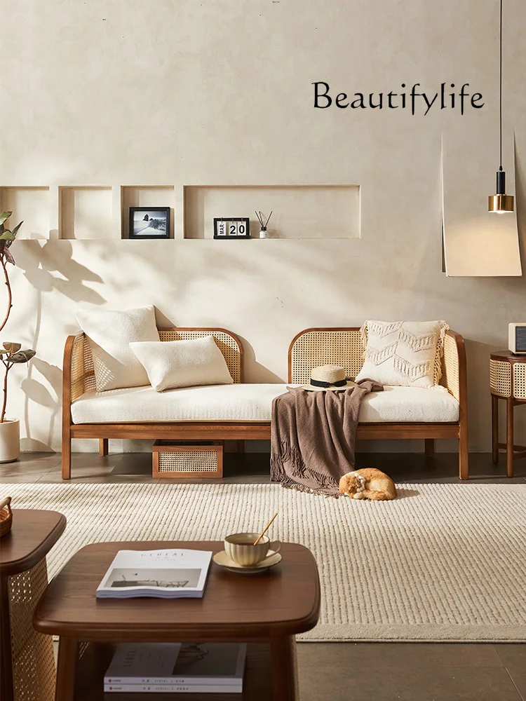 

Wabi Sandy Wind Solid Wood Rattan Sofa Combination Nordic Retro B & B Hotel Furniture Living Room Double Triple Rattan Chair
