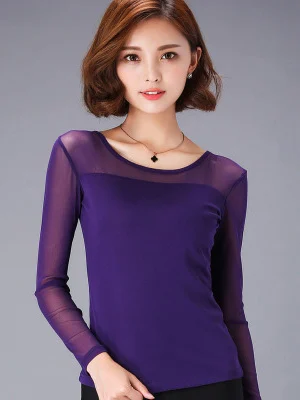 Spring 2025 Women's Pure Color Elastic Long Sve Lace irt Breathable Me Base Top Versatile Sle High Elastici round ...