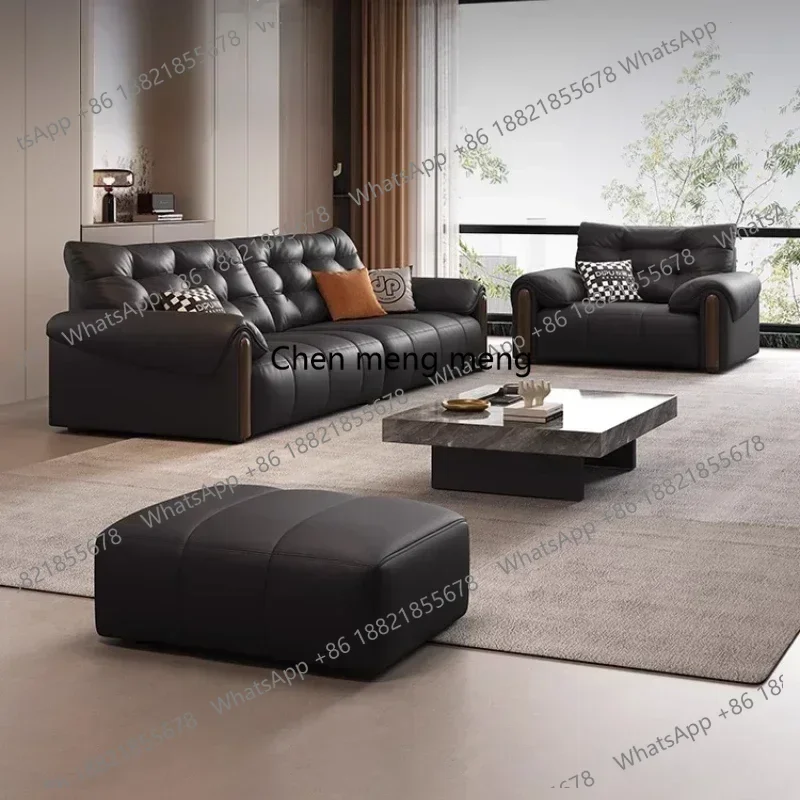

Luxury 3person Ottomans Sectional Sofa Neoclassical Solid Wood Decoration Retro First Layer Cowhide Sofa Living Room Black Couch