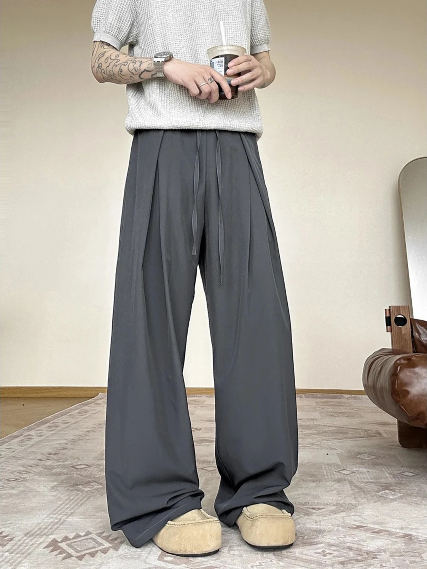 

Qui Dry Ice Silk Wide Leg Casual Pants Men's Summer Thin Version Loose Fit Straight Cut Trousers Comfortable Breathable