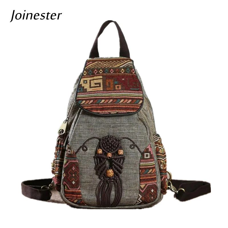 

Lightweight Retro Embroidered Backpack Ethnic Canvas Flap Bag Soft Strap Girls Travel School Backpack