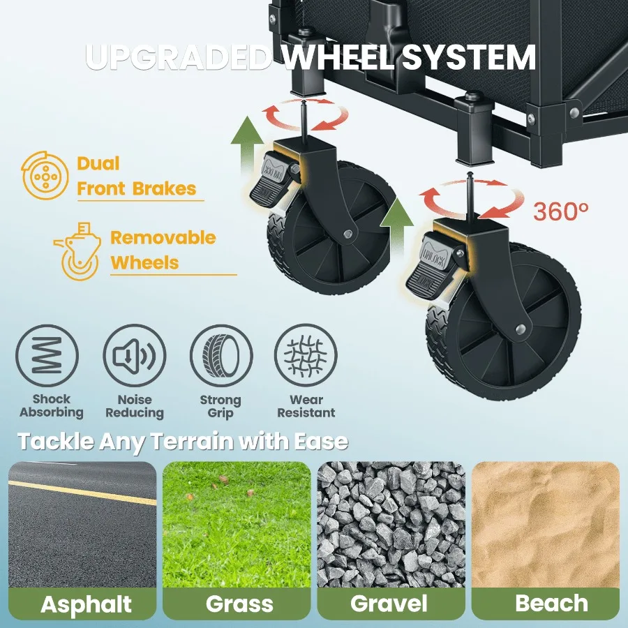 Collapsible Wagon Cart with Expandable Storage Locking Front Wheels for Beach Camping and Shopping Adventures Portable Foldable