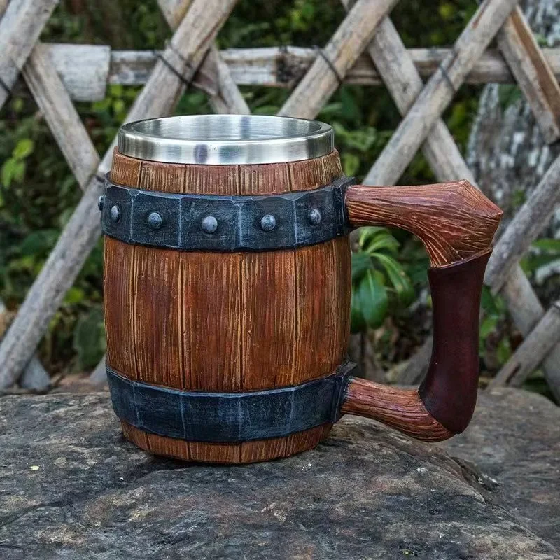 

Viking Retro Beer Mug Resin 304 Stainless Steel Imitation Wood Coffee Cup Double Wall Mug Beer Jug Water Cup Barware Men's Gift