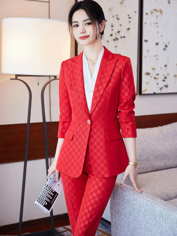 Completo da donna da ufficio completo da donna nero marrone rosso Plaid abbigliamento da lavoro femminile giacca Blazer e pantaloni formale Set da 2